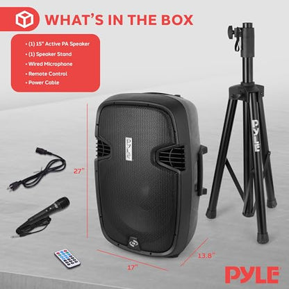 Pyle PPHP155ST Wireless Portable PA Speaker System - 1500W High Powered Bluetooth Compatible Active Outdoor Sound Speakers w/ USB SD MP3 RCA - 35mm Mount, Stand, Microphone, Power Cable, Black, 15"