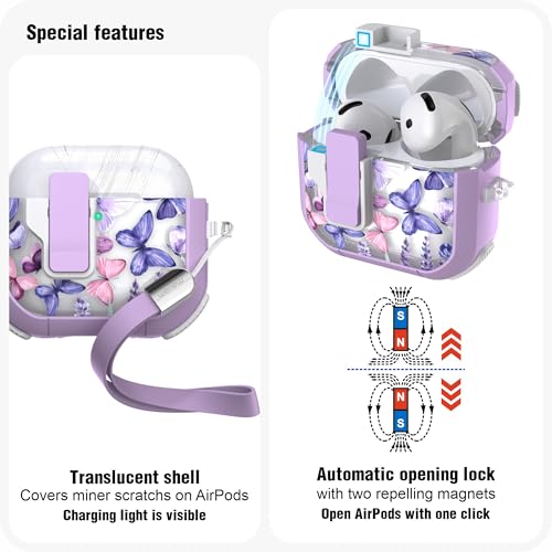 WENEW Case for AirPods 4th Case Cover Secure Lock Automatic Snap Switch Clip Cleaner Kit Lanyard Women Stylish Flower Armour Hard Shell Full Body Front LED Visible (Purple Butterfly, AirPods 4th) - color: Purple Butterfly, size: AirPods 4