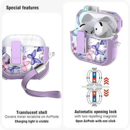 WENEW Case for AirPods 4th Case Cover Secure Lock Automatic Snap Switch Clip Cleaner Kit Lanyard Women Stylish Flower Armour Hard Shell Full Body Front LED Visible (Purple Butterfly, AirPods 4th) - color: Purple Butterfly, size: AirPods 4
