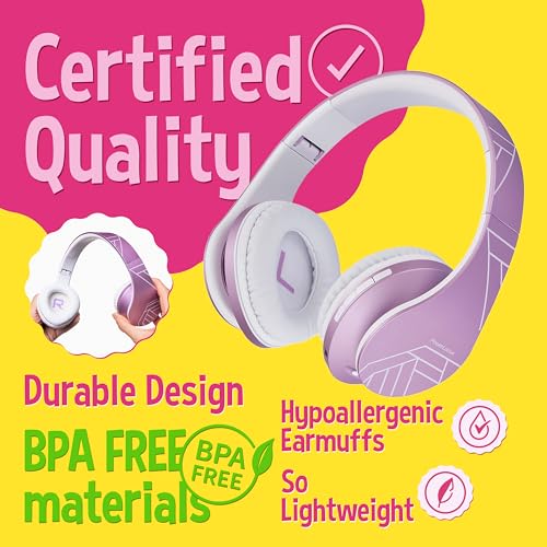 PowerLocus Kids Headphones Over-Ear, Bluetooth Wireless Headphones for Kids,with Microphone, Safe 85DB Volume Limited, Foldable with Carry Case, Audio Cable, Micro SD mode for Online Classes,PC,Phones - color: Purple