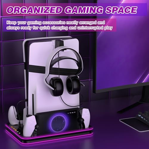 Charging Dock and Cooling Stand Compatible with PS5/PS5 Slim/PS5 Pro, DualSense & Edge Controller Charger, PS Portal Charging Station with LED Lights, Headset Holder（Black） - color: Black