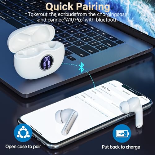 Wireless Earbuds, Bluetooth 5.3 Headphones HiFi Stereo 50H Playback LED Digital Display Ear Buds with ENC Noise Canceling Headset, IPX7 Waterproof Earphones for Gym/Running/Work（White） - color: White