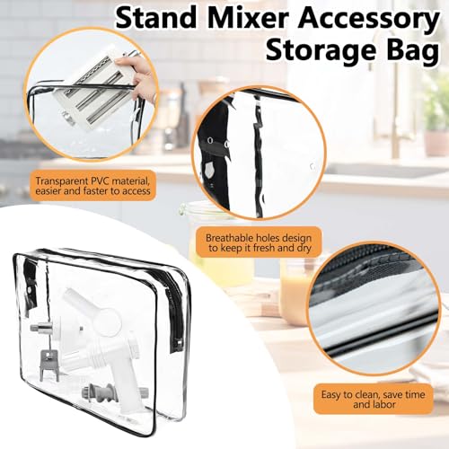 Transparent Stand Mixer Attachment Storage Bag, Dustproof Kitchen Organizer for Mixer Accessories, Clear PVC Zipper Pouch with Breathable Holes, Fits Most Brands, Easy to Clean, Space Saving