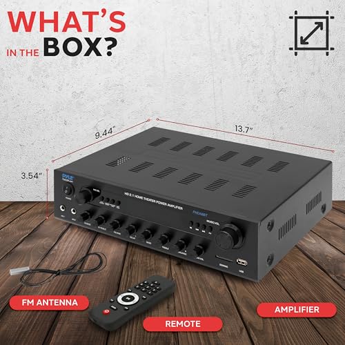 Pyle 400w Home Entertainment Amplifier with Bluetooth - Karaoke Optimized with Dual Mic Inputs with Reverb and Delay, Hi Def in and Out for Home Theater, USB-A Input, SD Card, FM Radio - PHDA6BT