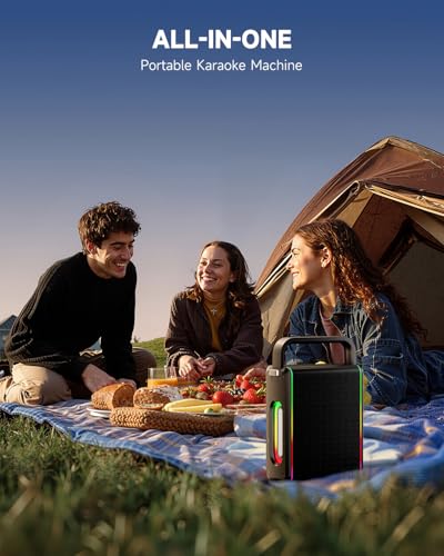 Moukey MPS5 Portable Karaoke Machine, 200W Peak Power Rechargeable Speaker with 2 Wireless Microphones& Strap, Support BT 5.3/REC/AUX/MP3/USB/TF, for Home/Party/Outdoor/Adults/Kids