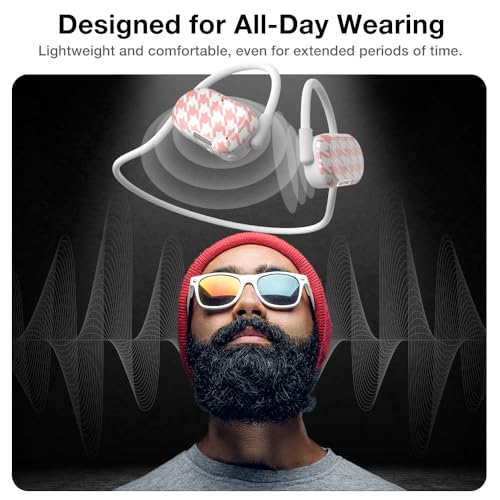 Purity Air Open Ear Headphones - True Air Conduction Wireless Bluetooth Open Ear Earbuds with Dual Mic for iPhone/Android - Secured Long Wearing Comfort, Sports Sweat Resistant (PLHH160) - color: Pastel Houndstooth