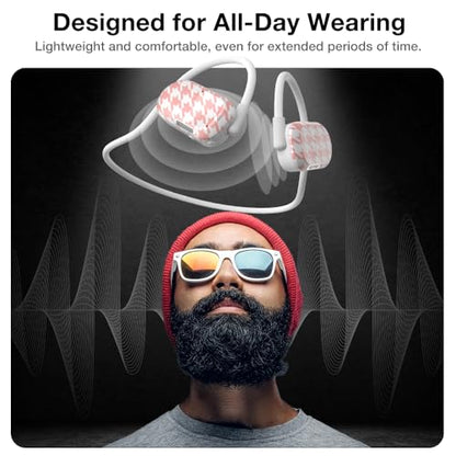 Purity Air Open Ear Headphones - True Air Conduction Wireless Bluetooth Open Ear Earbuds with Dual Mic for iPhone/Android - Secured Long Wearing Comfort, Sports Sweat Resistant (PLHH160) - color: Pastel Houndstooth