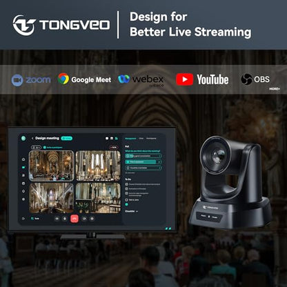 TONGVEO Wireless AI PTZ Camera with Auto-Tracking: Built-in 5.8GHz Receiver for Cable-Free Setup, 1080P 60fps 3X Zoom Conference Camera for Church Services, Online Classes & Hybrid Meetings - color: Coal