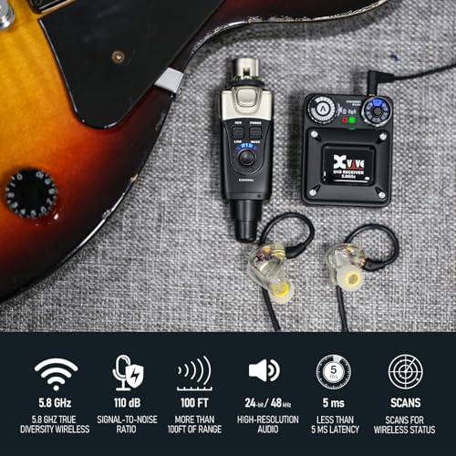 Xvive U45 Wireless in Ear Monitor System 5.8ghz IEM System Transmitter and bodypack Receiver for Studio, Band Rehearsal, Live Performance, Channel Scan Mode, Black - color: U45 BLACK