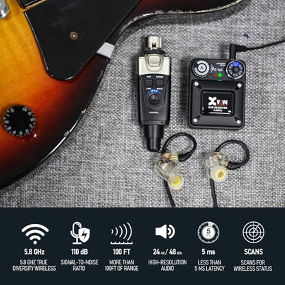 Xvive U45 Wireless in Ear Monitor System 5.8ghz IEM System Transmitter and bodypack Receiver for Studio, Band Rehearsal, Live Performance, Channel Scan Mode, Black - color: U45 BLACK