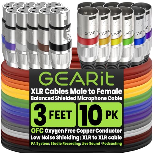 GEARit 22AWG OFC XLR Cables 3FT 10-Pack Male to Female for Audio Engineers - size: 3 Feet