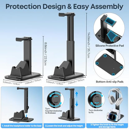 Gaming Headset & Controller Stand, Rotating Headphone Storage with Controller & Phone Holder, Game Desk Storage with Cable Organizer for PS5/PS4/XBOX PC Gamer Essentials Organizer Gift Accessories - size: S-Black-Standard