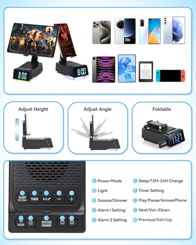 Birthday Gifts for Women Men, 7 in 1 Multi-Function Phone Stand with Bluetooth Speaker, Portable Charger Alarm Clock LED Light USB Playback Hands-Free Calling (Black) - size: F30