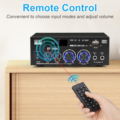 Romica Stereo Audio Amplifier, 2 Channel 450W Bluetooth 5.0 Home Audio Stereo Receiver with FM Radio, USB, SD, Optical & Coaxial Inputs, Amplifier for Passive Speakers and Active subwoofer