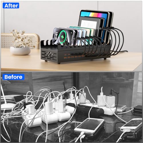 여러 장치용 300W USB 충전 스테이션, 24포트 USB C 고속 충전 스테이션, 태블릿, 노트북, 휴대폰, 아이폰, 아이패드와 호환되는 멀티 기기 충전기 스테이션 오거나이저 (300, 와트)