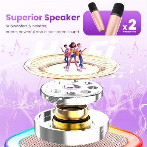 Mini Karaoke Machine, Portable Bluetooth Speaker & 2 Wireless Microphones | Karaoke Player Karaoke Microphone For Family Home Party Outdoor With HI-FI Sound | 5 Magic Sound | PA System | USB | TF | AUX - color: Rose Gold