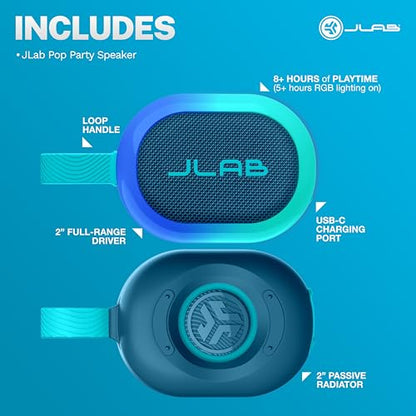 JLab, Pop Party, Portable Bluetooth Speaker, Waterproof, RGB LED Lighting, Navy - color: Navy