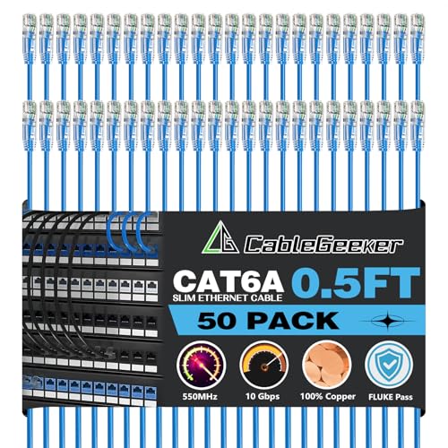 CableGeeker Cat 6A Slim Ethernet Patch Cables, 0.5 ft, 50-Pack, Blue | 28AWG Pure Copper, 10Gbps/550MHz, Snagless Gold-Plated RJ45, Ultra-Thin Flexible Design for Switches, Patch Panels, and Racks - color: Blue-Slim, size: 0.5ft, style: 50 Pack