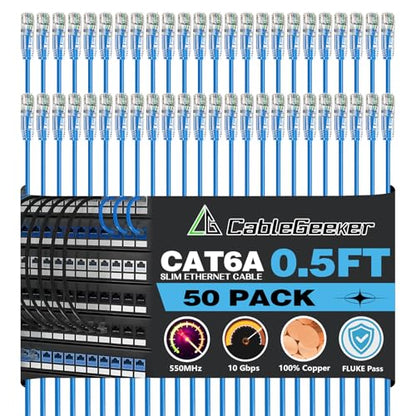 CableGeeker Cat 6A Slim Ethernet Patch Cables, 0.5 ft, 50-Pack, Blue | 28AWG Pure Copper, 10Gbps/550MHz, Snagless Gold-Plated RJ45, Ultra-Thin Flexible Design for Switches, Patch Panels, and Racks - color: Blue-Slim, size: 0.5ft, style: 50 Pack