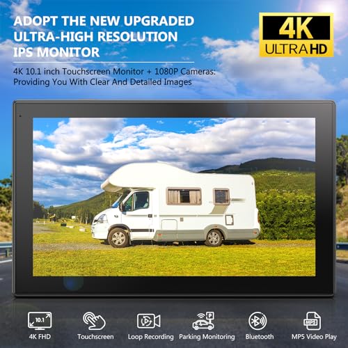 4K RV Backup Camera System, 10.1" Quad Split Touchscreen Monitor | 1080P 2 Rear & 2 Side View Cameras, DVR Recording Bluetooth Music USB Video IP69 Waterproof Night Vision for Trailer RV Truck - size: 10.1 inch