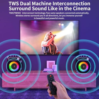 Karaoke Machine with 4 Wireless Microphones, Portable Bluetooth 5.1 Speaker for Adults Kids with LED Lights, Bass/Treble Adjustment, PA System with Remote Control, Supports FM/AUX/USB/TF for Party