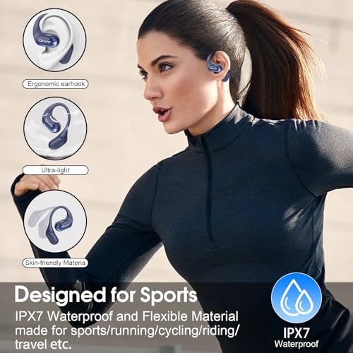 Open Ear Headphones, Translation Earbuds, Blue | HD Mic Wireless Earbuds, 48H Playtime LED Power Display - color: Dark blue