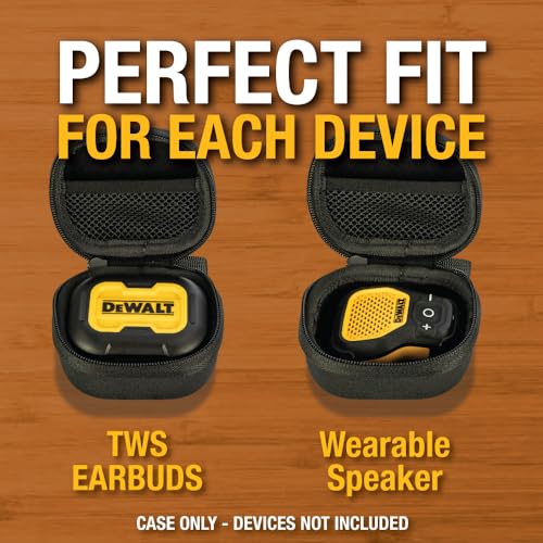 DEWALT Wearable Bluetooth Speaker, Water-Resistant, Clip-On, Case Bundle | Wireless Speaker with Mic, EVA Hard Shell Travel Case for TWS Earbuds, Clip-On Design