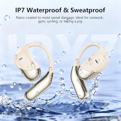Open Ear Clip Wireless Earbuds Headphones, Bluetooth 5.4, Open Ear Design, Built-in Mic, IPX7 Waterproof, LED Display Charging Case,Ear Hooks Ear Buds Ultra for Fitness/Travel/Gym/Running/workout - color: off-white