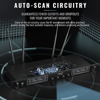 Phenyx Pro 4 Channel UHF Auto Scan Wireless Microphone System PTU-7000-4H | 4 x 40 Frequencies, 328 ft Range, 4 Handheld Dynamic Microphone for Singing, Church, Karaoke, Wedding, Public speaking, DJ