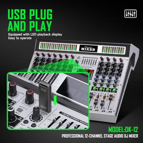 12-Channel Professional Audio Mixer, DK-12 Mixing Console with XLR Inputs, Bluetooth, 99 DSP Effects, MP3, USB Interface for Podcast, Music, Recording, PC 14.76"x1.96“x17.40"inches
