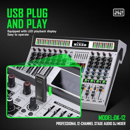 12-Channel Professional Audio Mixer, DK-12 Mixing Console with XLR Inputs, Bluetooth, 99 DSP Effects, MP3, USB Interface for Podcast, Music, Recording, PC 14.76"x1.96“x17.40"inches