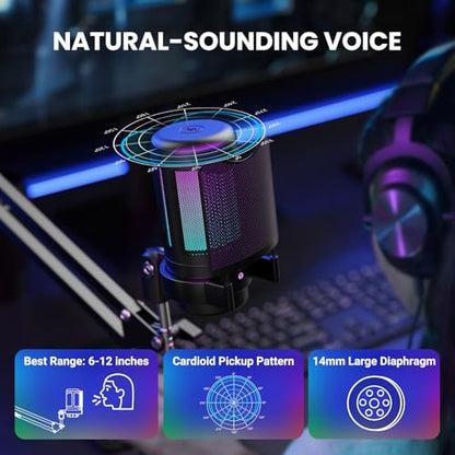 USB Gaming Microphone Kit, RGB Condenser Mic with Mute, Gain, Monitoring Adjustable Boom Arm Stand, Pop Filter, for Streaming, Podcasting, PC Gaming, YouTube, Compatible with PS4/PS5/Windows/Mac