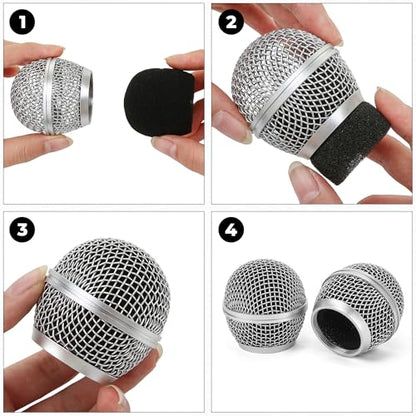 Replacement for DM-RGB SM58 Microphone Ball Head Mesh Grill – Copper Plated with Built-in Foam, Windscreen, Compatible with Digital Handheld Wireless System, Microfono Mic Accessories (2pcs, Silver)