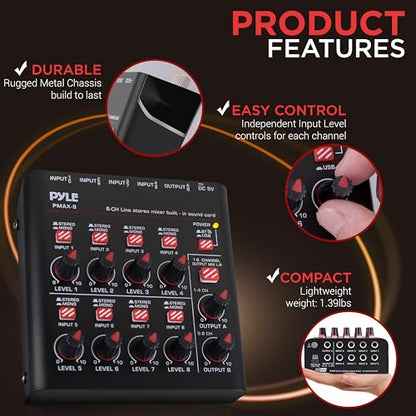 Pyle 8-Channel Bluetooth Mini Line Mixer with USB Audio Interface - 8 Mono/Stereo Switching Inputs | Ultra-low Noise Design with High Headroom | Built-in USB-C Sound Card - PMAX8 - size: 8 Channel