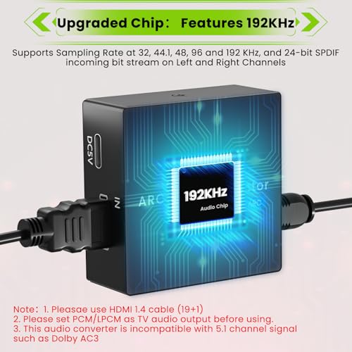 192KHz ARC Audio Extractor, HDMI ARC to Toslink/Optical+3.5mm AUX Output, HDMI to Optical Audio Adapter with 3.5mm RCA Cable, ARC to RCA Audio Converter for TV Amplifier Speaker/Soundbar/Headset