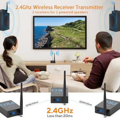 1Mii 3-in-1 2.4Ghz Wireless Audio Transmitter Receiver (1 TX+2 RX) | For 2 Powered Speaker/Power Amplifier, 20ms Low Latency, 328ft Range, Optical/Coaxial/3.5mm(RCA) Audio Input/Output