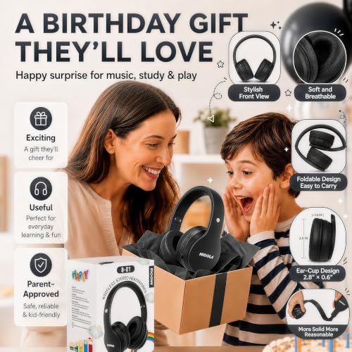 MIDOLA Kids Headphones Bluetooth 5.4 Wireless 68H Play Time Volume Limit 85/94dB Over-Ear Foldable Headset,Type-C Fast Charging,with Wired Aux Mic for Toddler Child Pad Tablet Black | Adjustable Headband Foldable Over-Ear Lightweight Headsets for Toddler