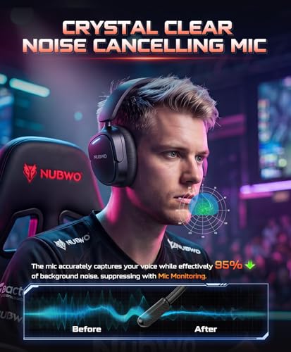 NUBWO Wireless Gaming Headset for PS5, PS4, PC, Laptop, Mac, 3 in 1 Gaming Headphones with 7.1 Surround Sound, Noise Canceling Mic, 20ms Low-Latency, 80Hr Battery, 2.4GHz/Bluetooth 5.4/3.5mm Wired - color: Black