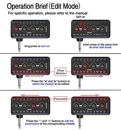LEKATO Micro Guitar Headphone Amp Bass Guitar Headphone Amplifier with Multi Effects - Amp Models, IR Loading, Tuner, Rechargeable Electric Headphone Amplifier Delay Reverb Chorus Overdrive Portable