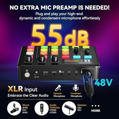 PUSOKEI Gaming Audio Mixer, Bluetooth 5.0 Live Sound Card with RGB Light, XLR Interface, Audio Interface with Pro preamp, Volume Fader, 48V Phan tom Power, for Live Streaming