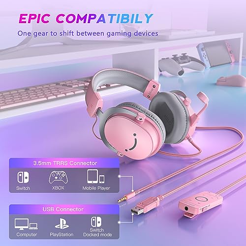 FIFINE USB Gaming Headset, PC Over-Ear Wired Streaming Headset with 3.5mm Jack, Detachable Microphone, 7.1 Surround Sound, Control Box, Passive Noise Cancellation, for PS5/Xbox/Switch-H9 Pink | Balanced Audio, 7.1 Surround Sound, Total 10ft Long Cable, De