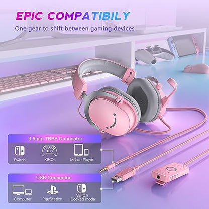 FIFINE USB Gaming Headset, PC Over-Ear Wired Streaming Headset with 3.5mm Jack, Detachable Microphone, 7.1 Surround Sound, Control Box, Passive Noise Cancellation, for PS5/Xbox/Switch-H9 Pink | Balanced Audio, 7.1 Surround Sound, Total 10ft Long Cable, De