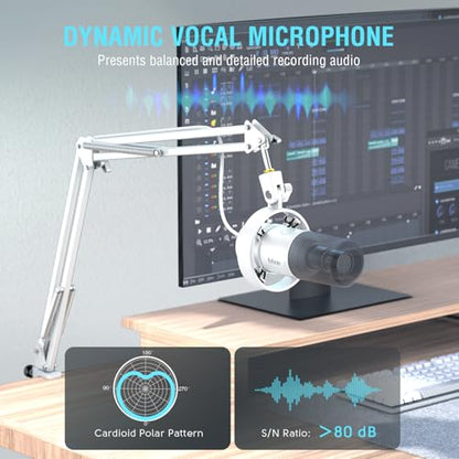 FIFINE XLR Dynamic Microphone with Boom Arm Kit for Vocal, Recording, Studio Podcast Mic Bundle with Metal Arm Stand, Tap-to-Mute, 3.5mm Headphone Jack for Streaming, Music Creation (K688W+CS1W)
