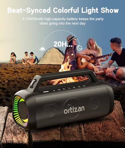 Ortizan 80W Speakers Bluetooth Wireless Loud with Bass, Waterproof, Black | IPX7, 24H Playtime, Bluetooth 5.3, TWS Pairing, Large Outdoor Speaker with Lights, Portable for Garage, Camping and Beach