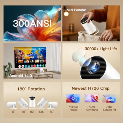 [4K Supported] Mini Projector with WiFi 6 and Bluetooth 5.4, Built in Apps - color: Ivory