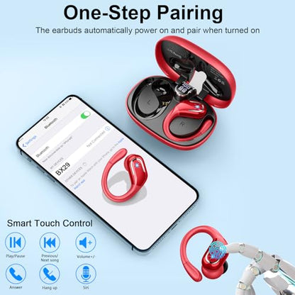 Ltinist Wireless Earbuds, 75hrs Bluetooth 5.4 Headphone Sport, Bluetooth Earbuds Deep Bass Over Ear Buds with Earhooks, ENC Noise Cancelling Earphone Mic, IP7 Waterproof for Workout/Running/Gym Red - color: Red