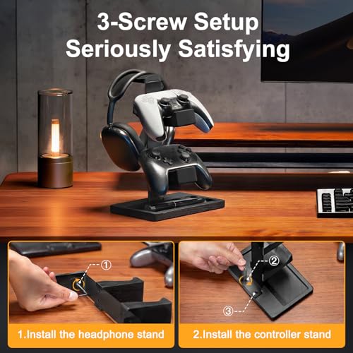 Solid Wood Controller Holder and Headphone Stand, Controller Stand for Desk | Dual Gaming Controller Organizer Rack, Fits Xbox, PS4, PS5, Gamepad, Headset Holder for Son, Husband, Boyfriend-Black