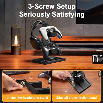 Solid Wood Controller Holder and Headphone Stand, Controller Stand for Desk | Dual Gaming Controller Organizer Rack, Fits Xbox, PS4, PS5, Gamepad, Headset Holder for Son, Husband, Boyfriend-Black