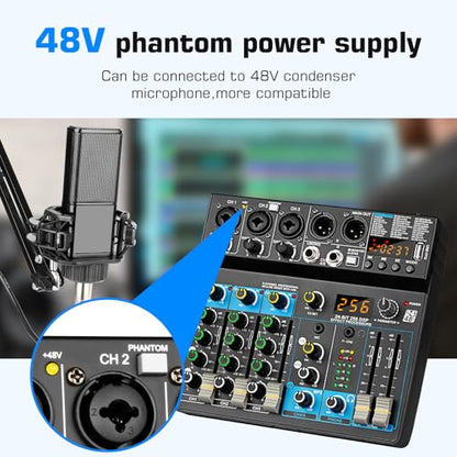 Depusheng Professional Audio Mixer Digital FX 256-Bit DSP USB Bluetooth MP3 Computer DJ Mixer 5 Channel input Interface with 48V Phantom Power for PC recording Live Streaming, Podcasting, Karaok