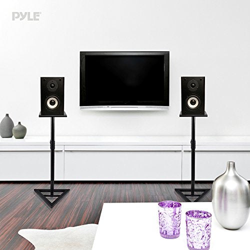 Pyle Universal Monitor Speaker Stands - Heavy Duty Studio Speakers Holder 9” Metal Square Platform 26” - 52” Telescopic Height Adjustment & Three-Point Triangle Base Plate w/ Floor Spikes - AZPSTND35